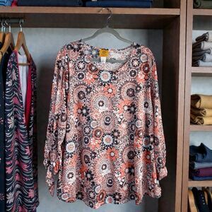 Ruby Road Acid Wash Blouse 3X Romantic Bow Tie Sleeves Pink Brown Cream Top